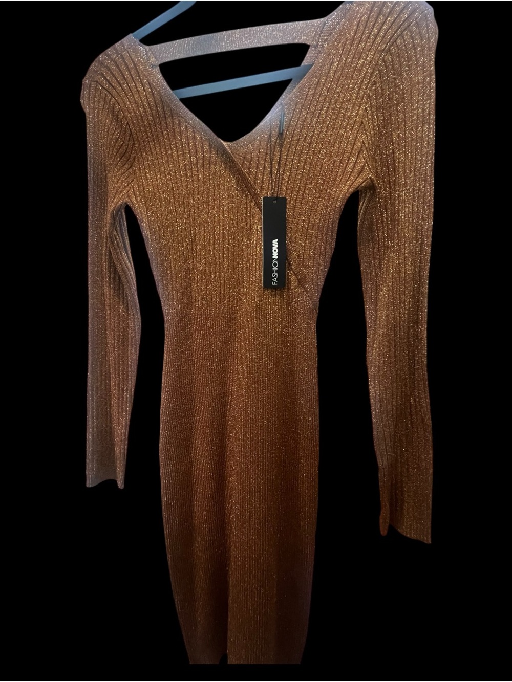 Fashion Nova Copper Shimmer Ribbed Long-Sleeve Dress